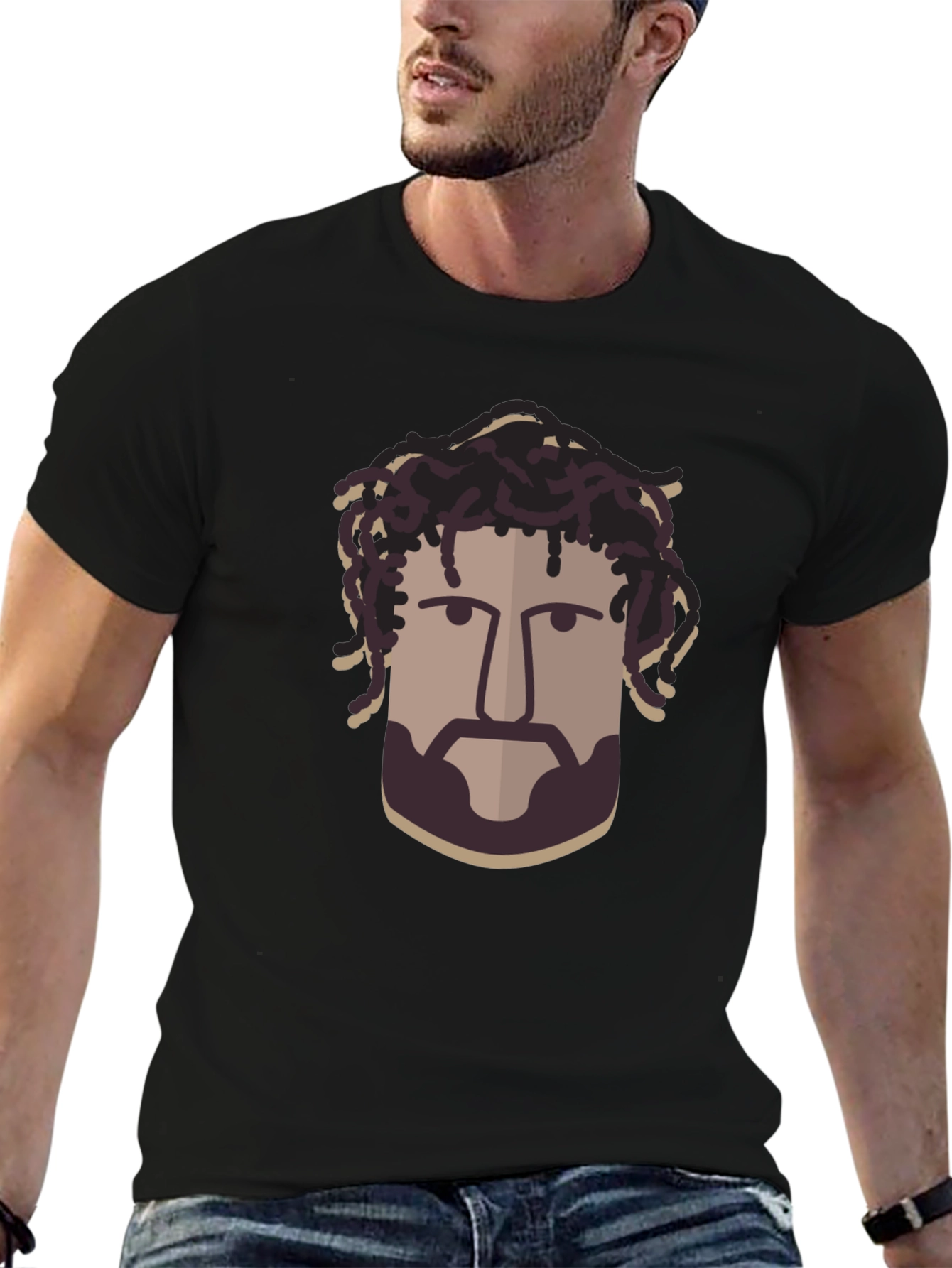 Black Cool Graphic T-Shirt - Artistic Man's Portrait Design view 6