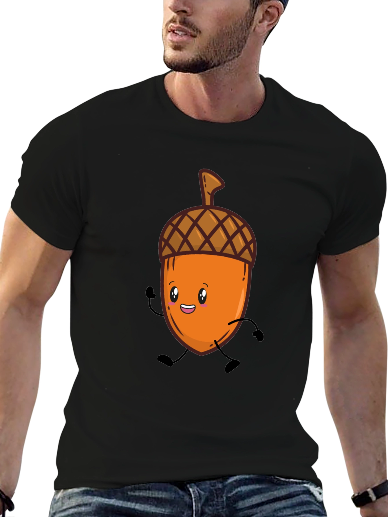 Black Cute Cartoon Acorn T-Shirt - Black, Unisex view 6