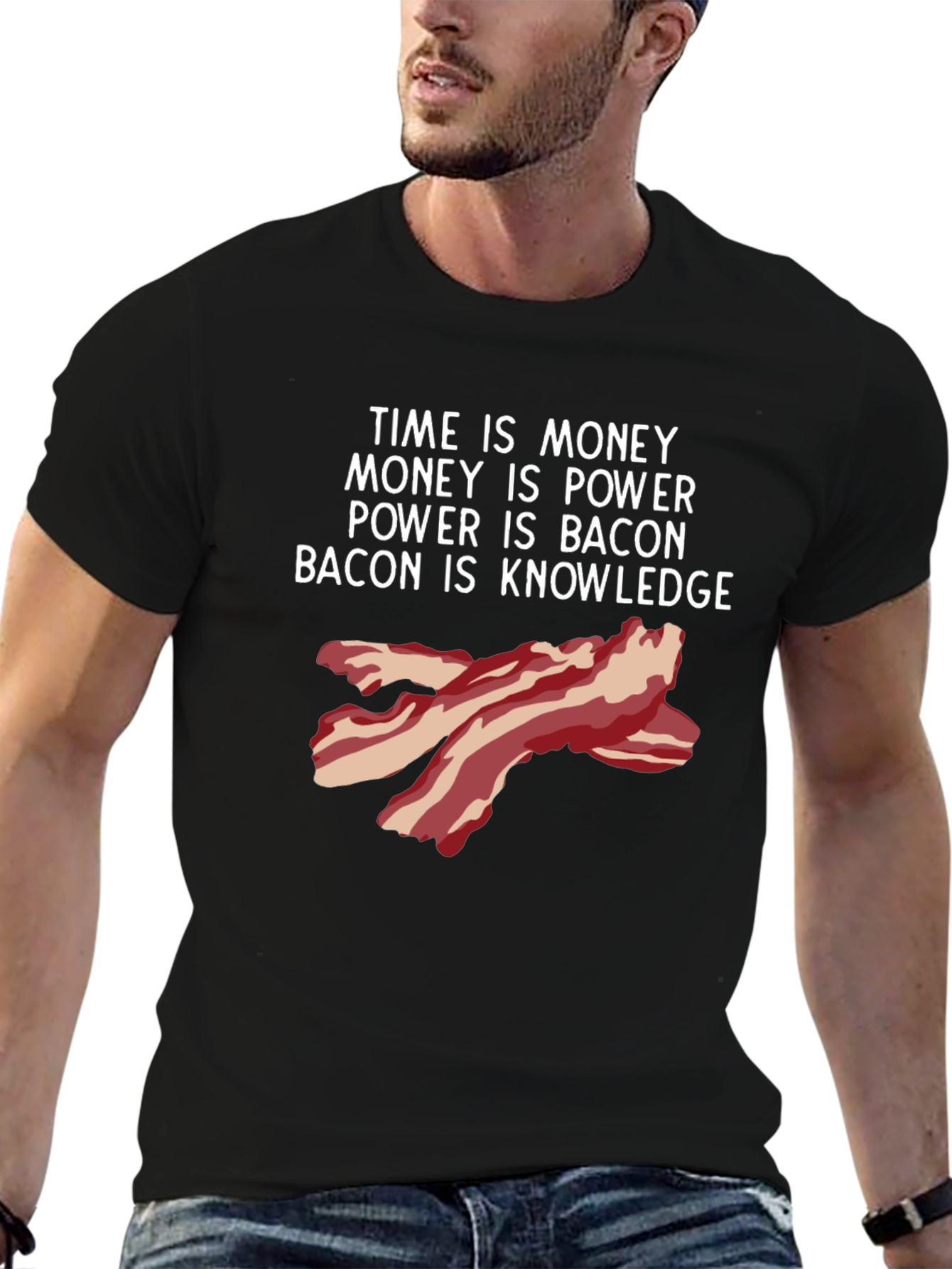 Black Time is Money Bacon Knowledge Funny T-Shirt view 6