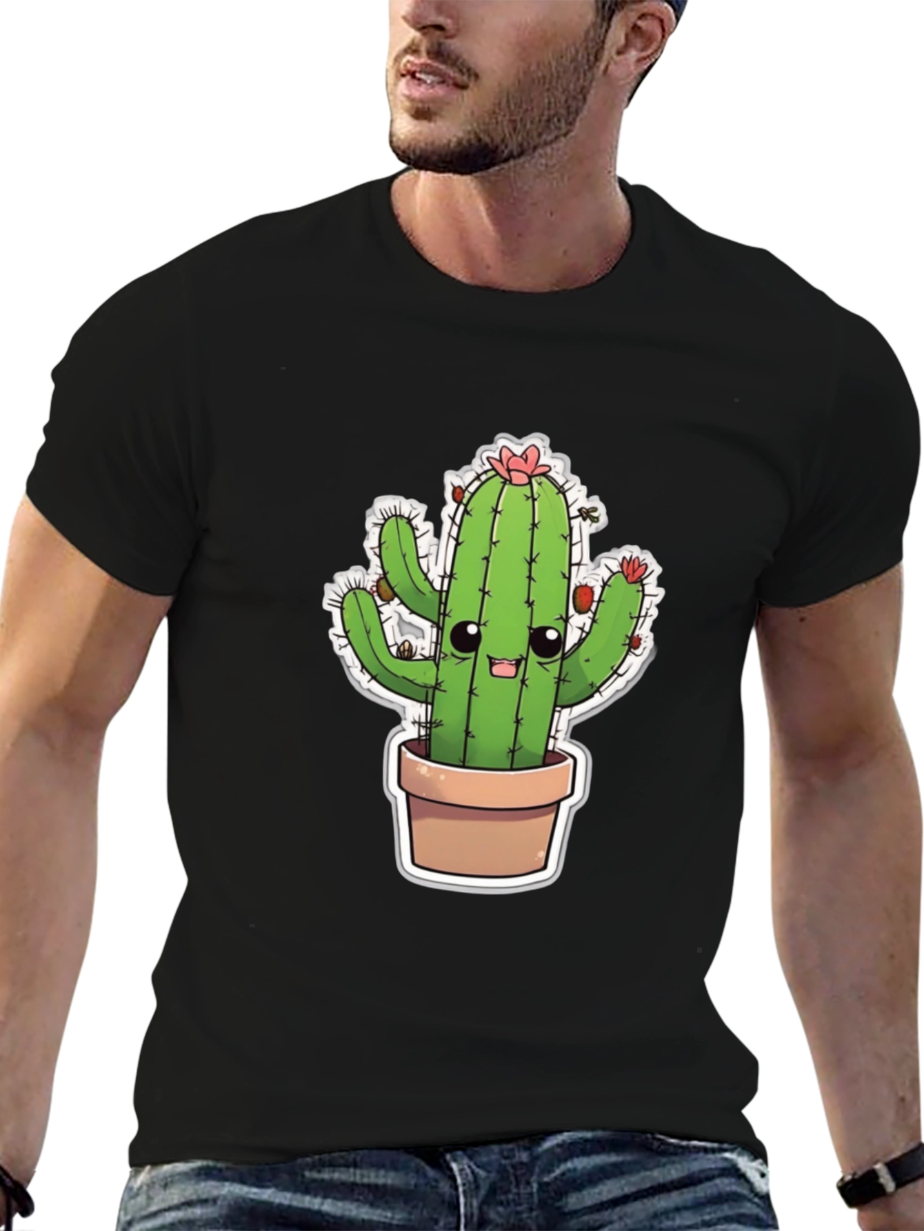 Black Cute Cactus T-Shirt - Black Cotton Blend view 6