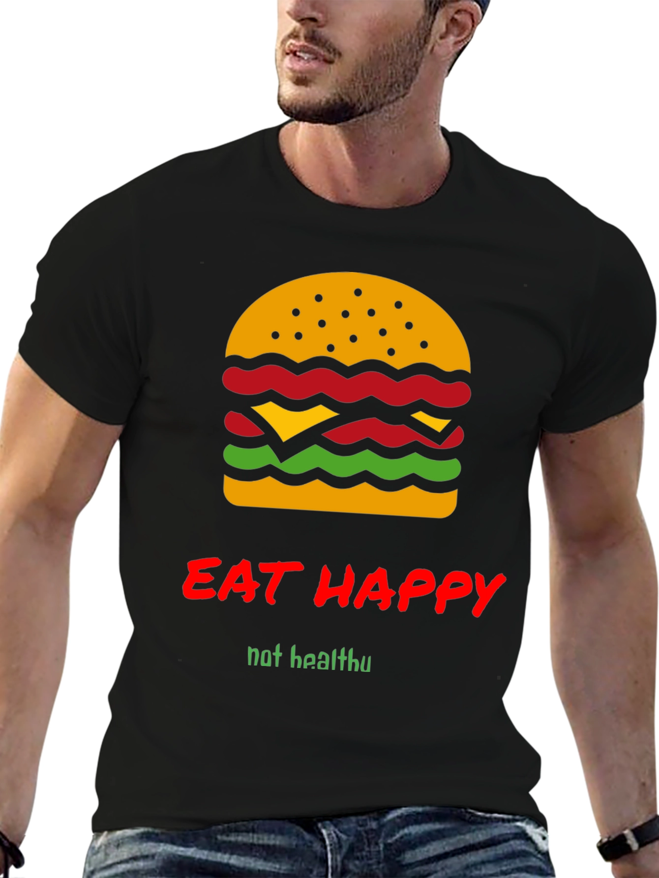 Black Eat Happy Burger Graphic Tee - Black Crew Neck T-Shirt view 6