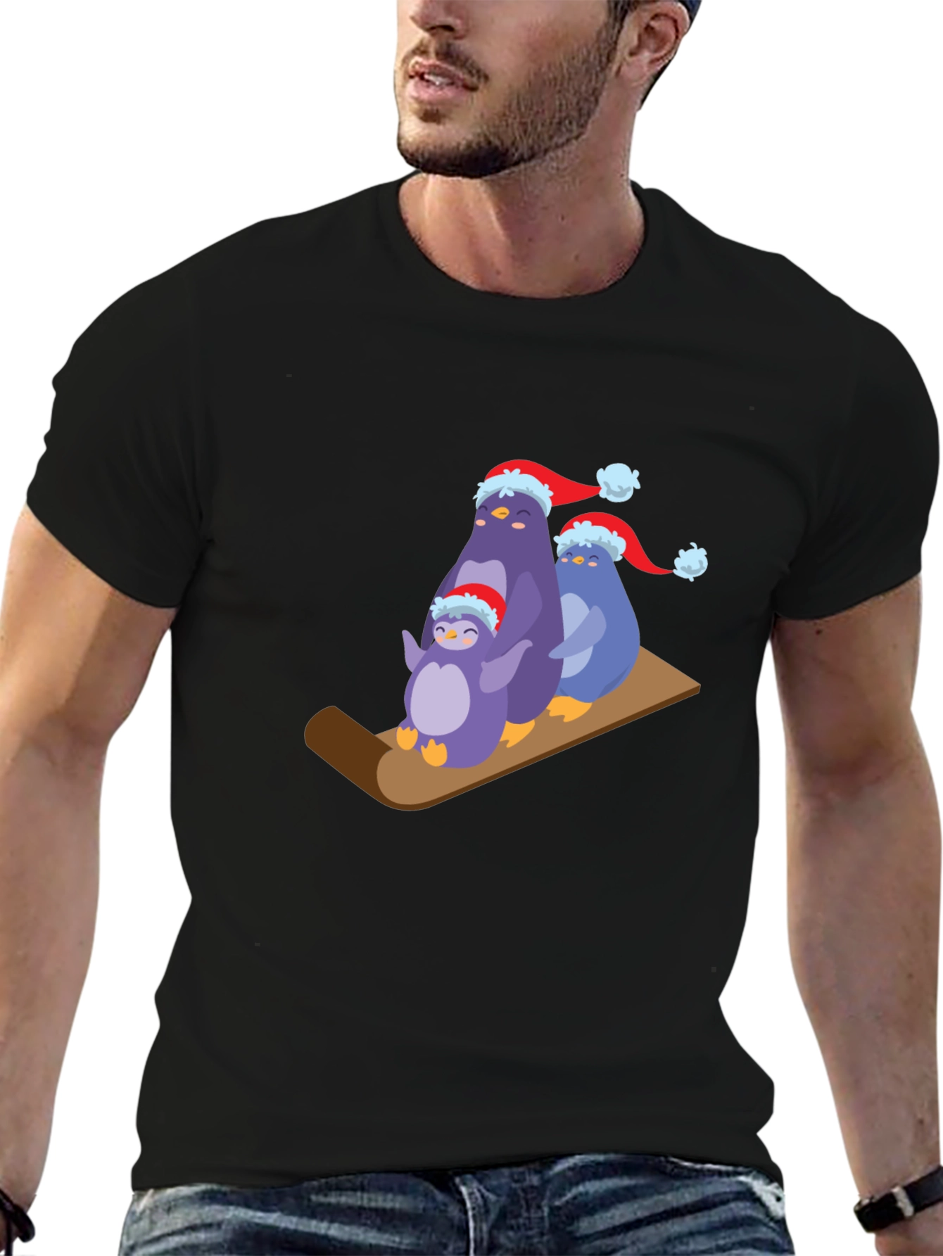 Black Penguin Family Holiday Sledding T-Shirt view 6