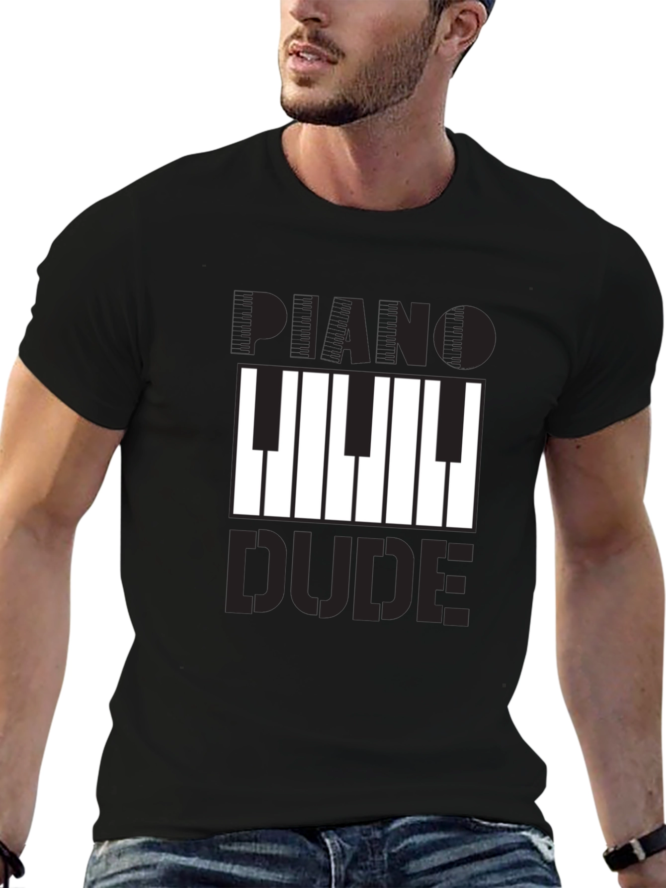 Black Piano Dude Graphic T-Shirt - Black Cotton Tee view 6