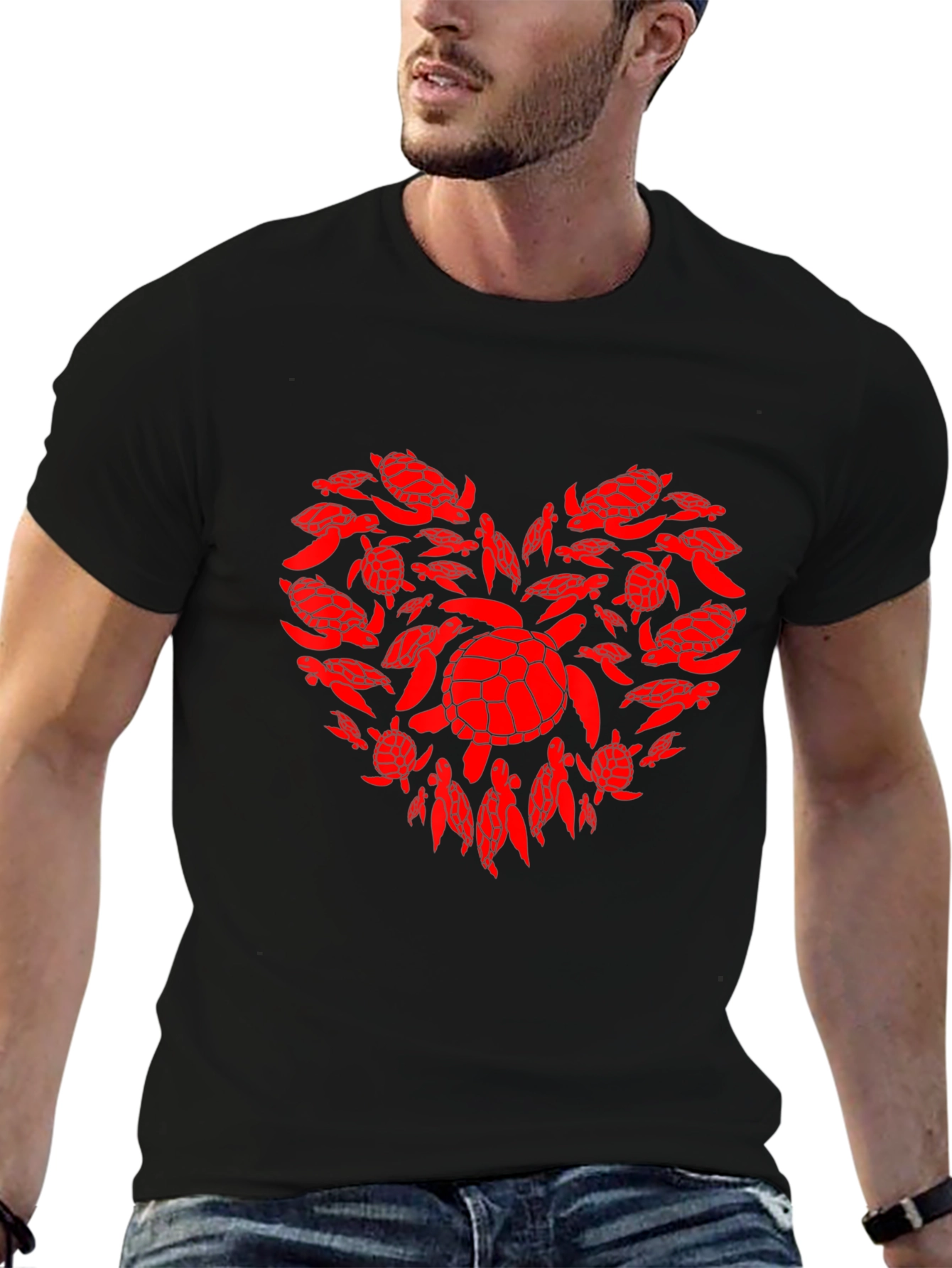 Black Turtle Heart Graphic Tee - Black Cotton Casual T-Shirt view 6