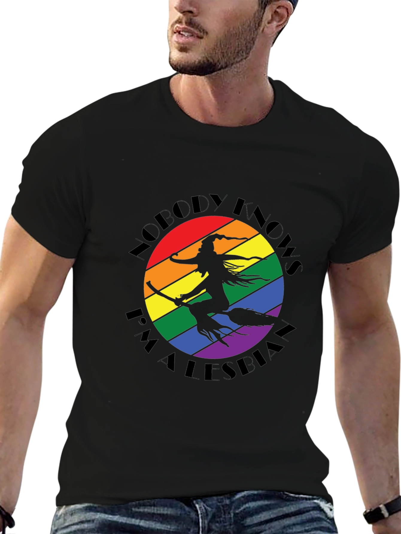 Nobody Knows I'm A Lesbian T-Shirt Witch Rainbow LGBT Pride - 6