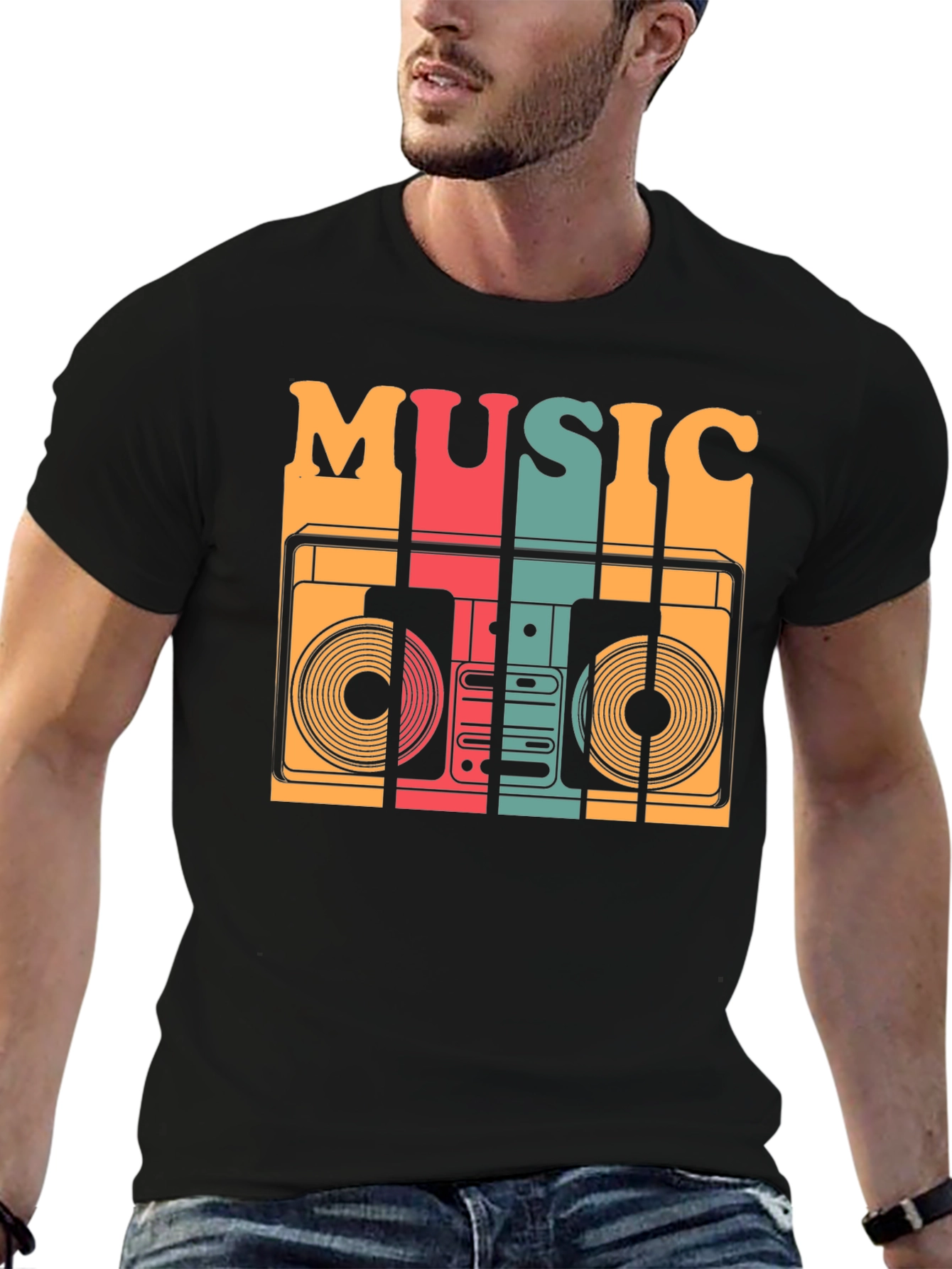 Black Retro Music T-Shirt - Vintage Boombox Design view 6