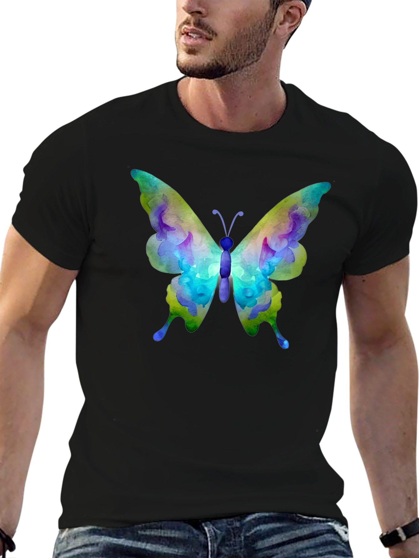 Black Watercolor Butterfly Graphic Black T-Shirt view 6