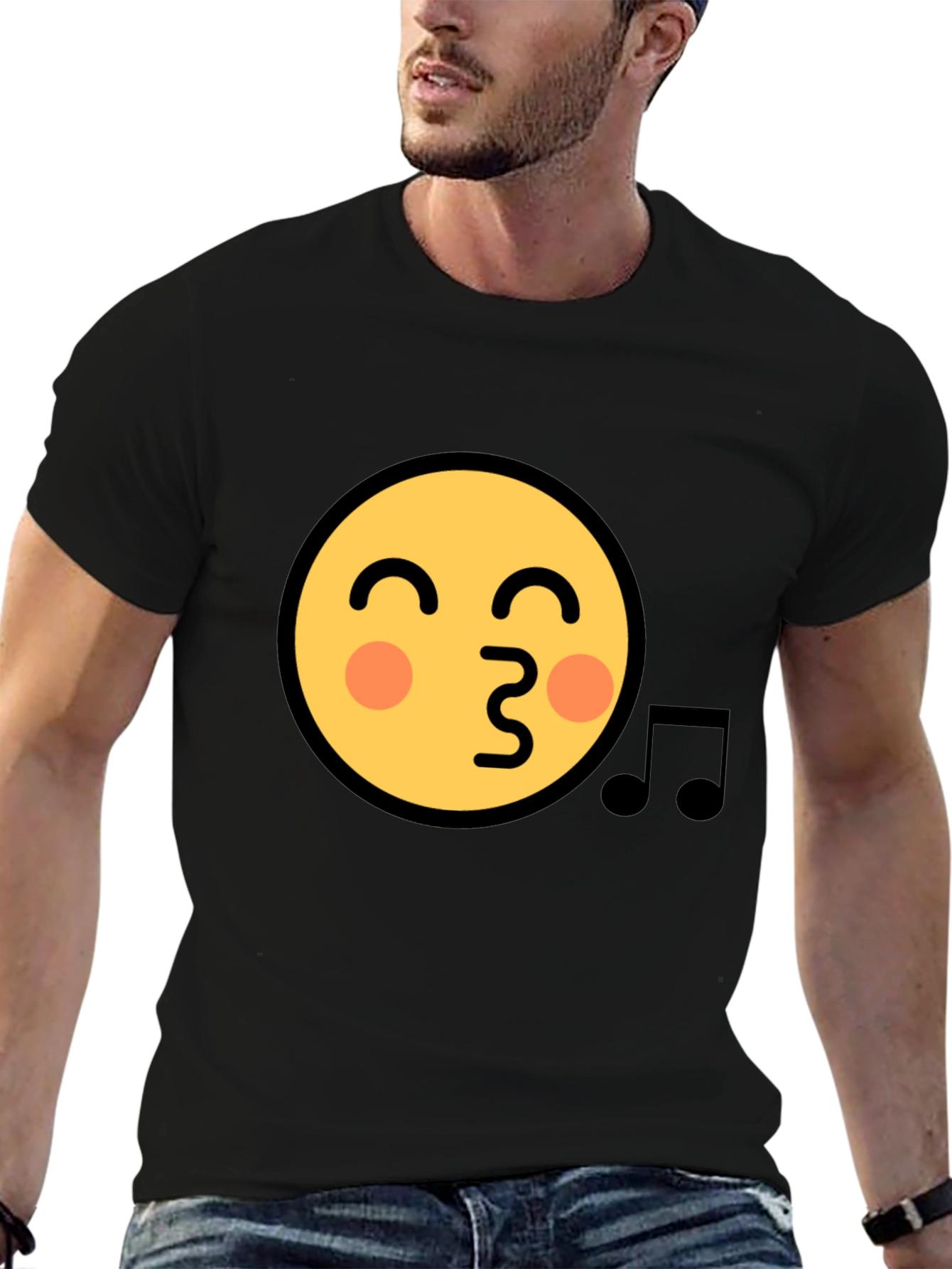 Black Emoji Face Kiss Music Note Black T-Shirt view 6