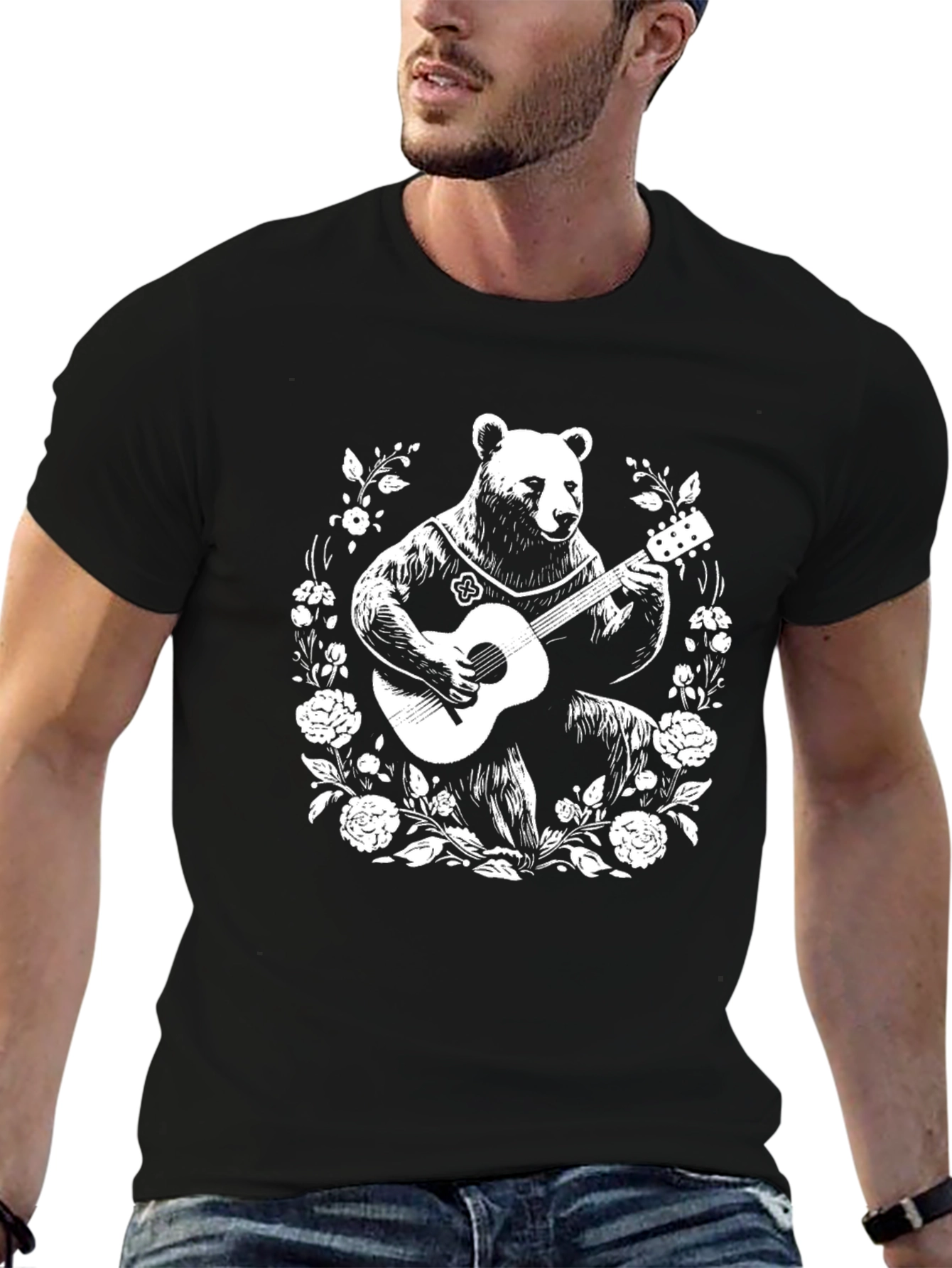 Black Bear Guitarist Graphic Tee - Black Unisex T-Shirt view 6
