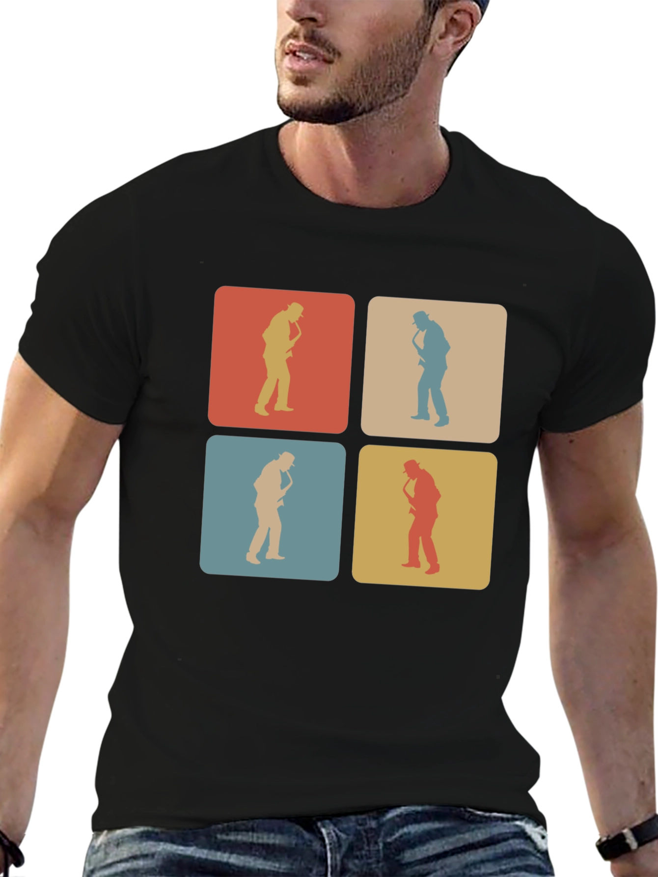 Black Retro Saxophone Player T-Shirt view 6