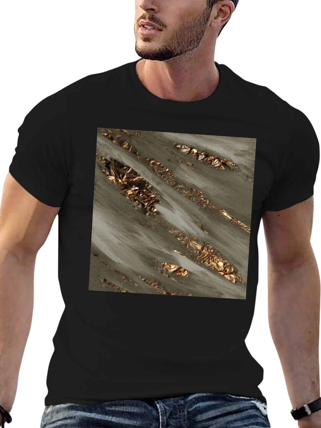 Black Abstract Gold Foil Art Black T-Shirt view 6
