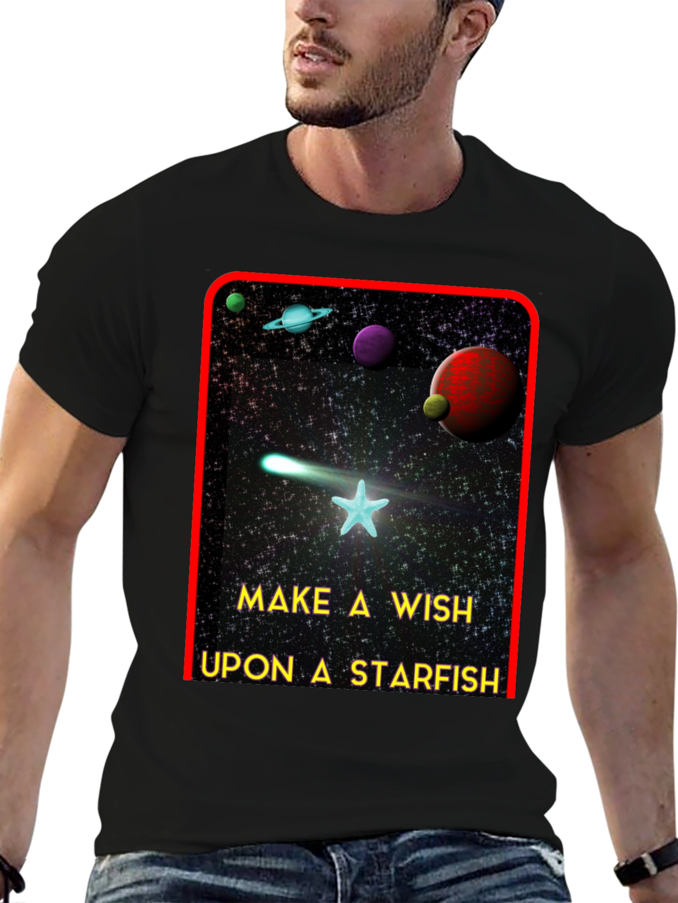 Black Make A Wish Starfish T-Shirt - Galaxy Design Tee view 6