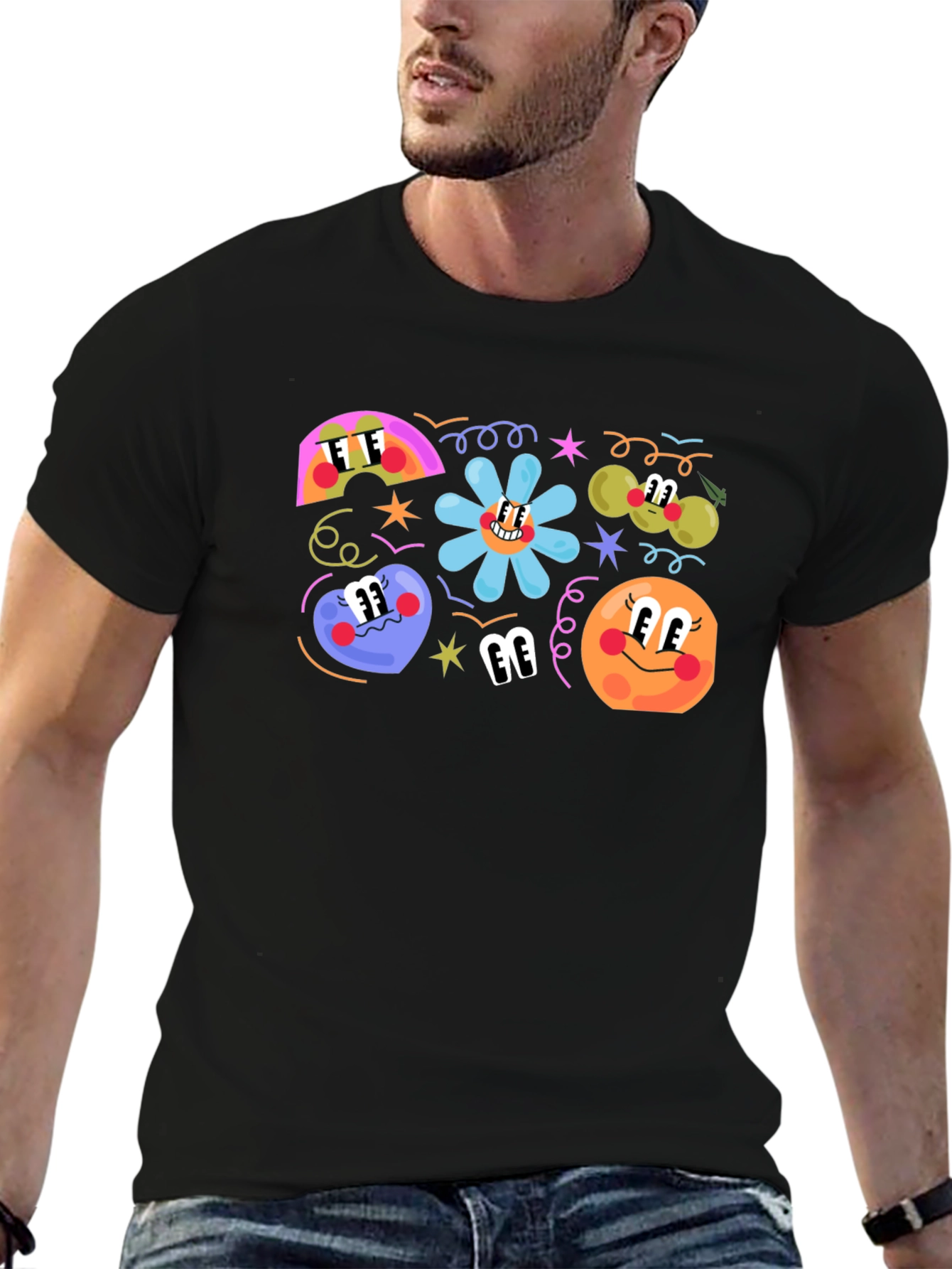 Black Retro Cartoon Print Black T-Shirt view 6