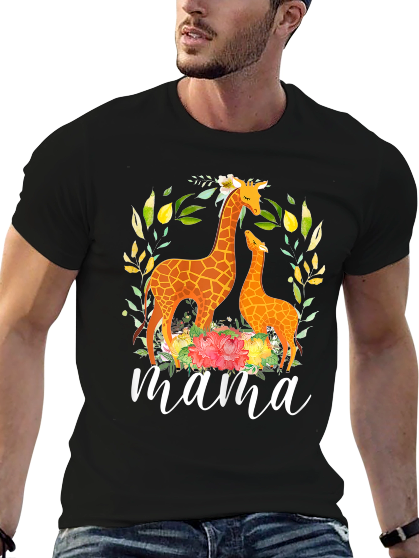 Black Mama Giraffe Floral Graphic Tee - Black Cotton Blend view 6