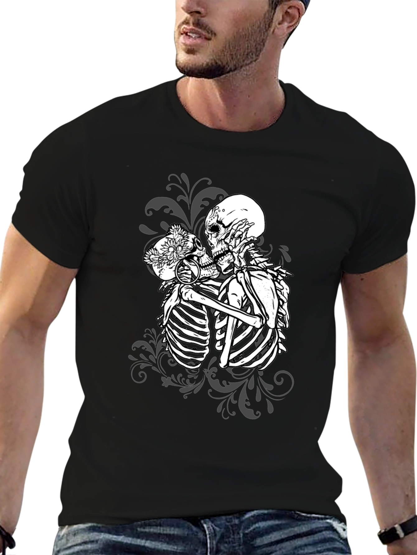 Black Kissing Skeletons Graphic Tee - Gothic Romance T-Shirt view 6