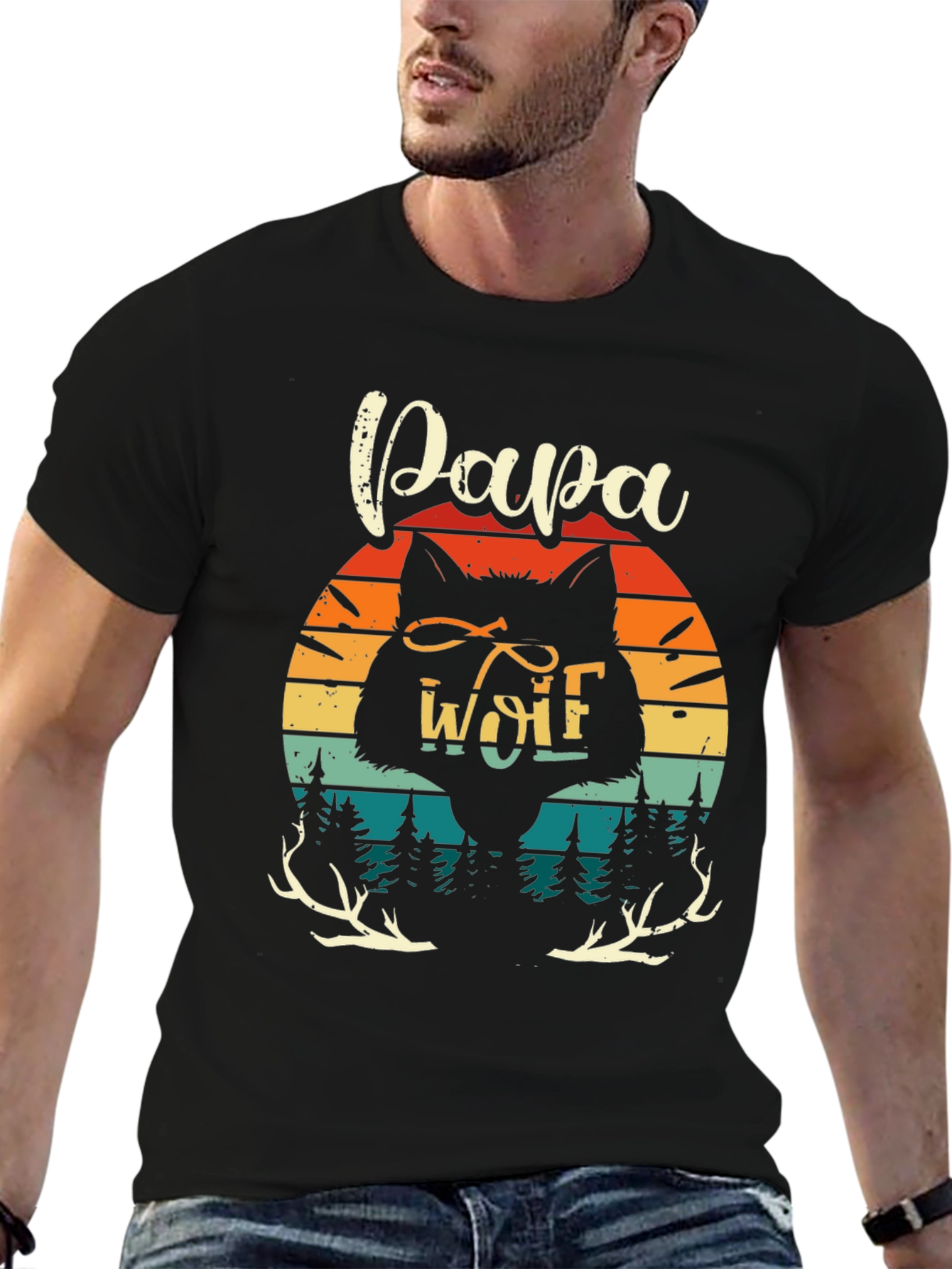 Black Papa Wolf Graphic Tee Retro Style view 6