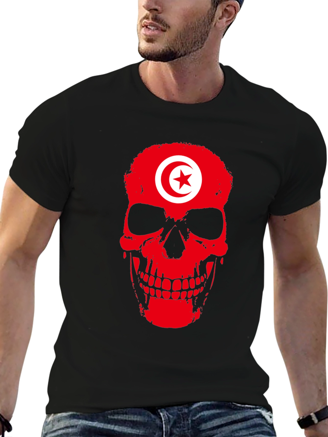 Tunisia Flag Skull Graphic Black T-Shirt - 6