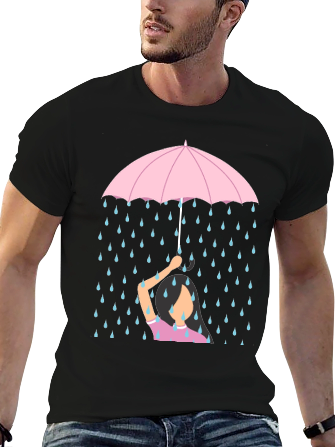 Black Rainy Day Umbrella T-Shirt - Comfort Fit Cotton Tee view 6