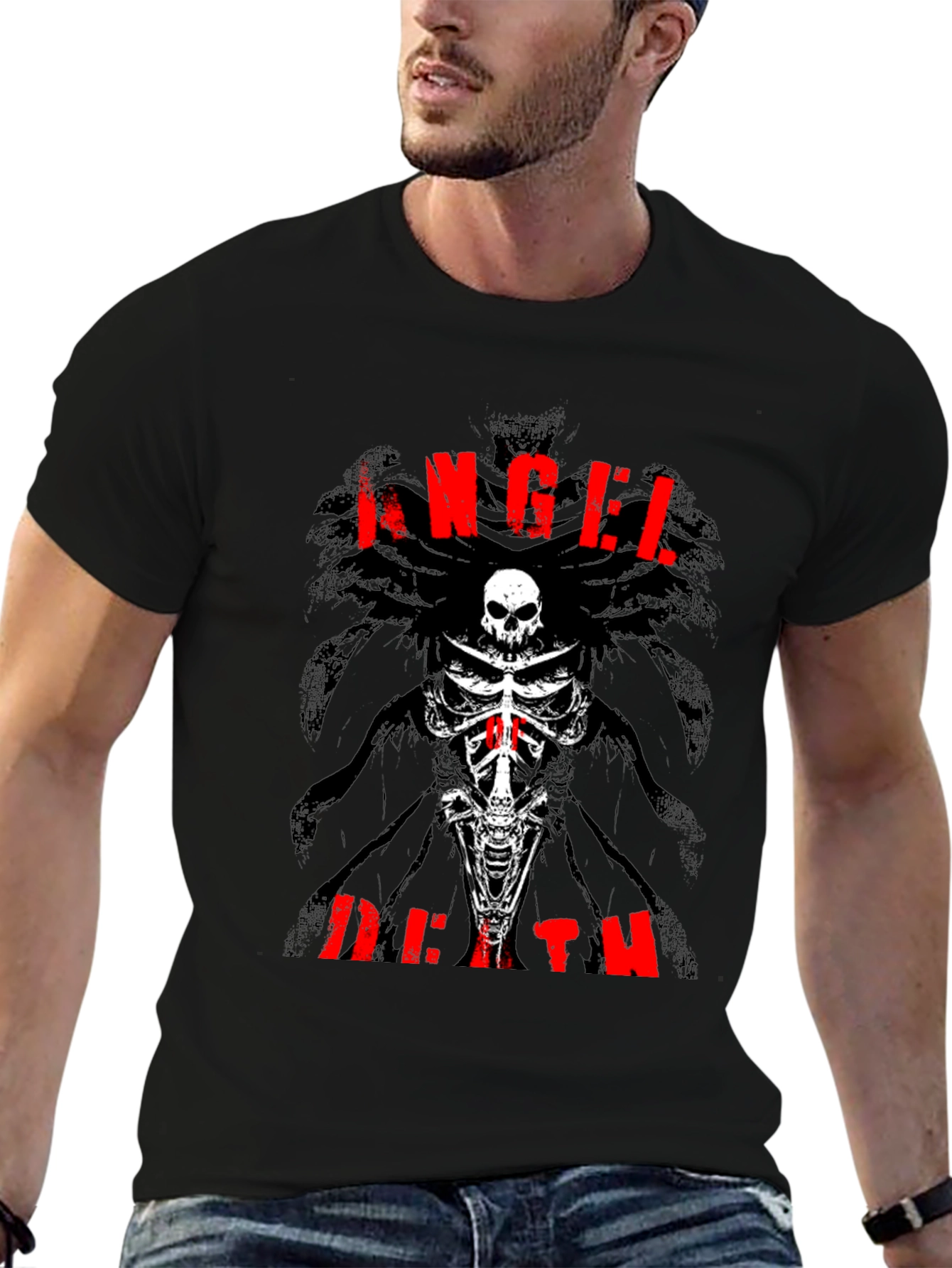 Black Angel Death Graphic T-Shirt - Skull & Bones Design view 6