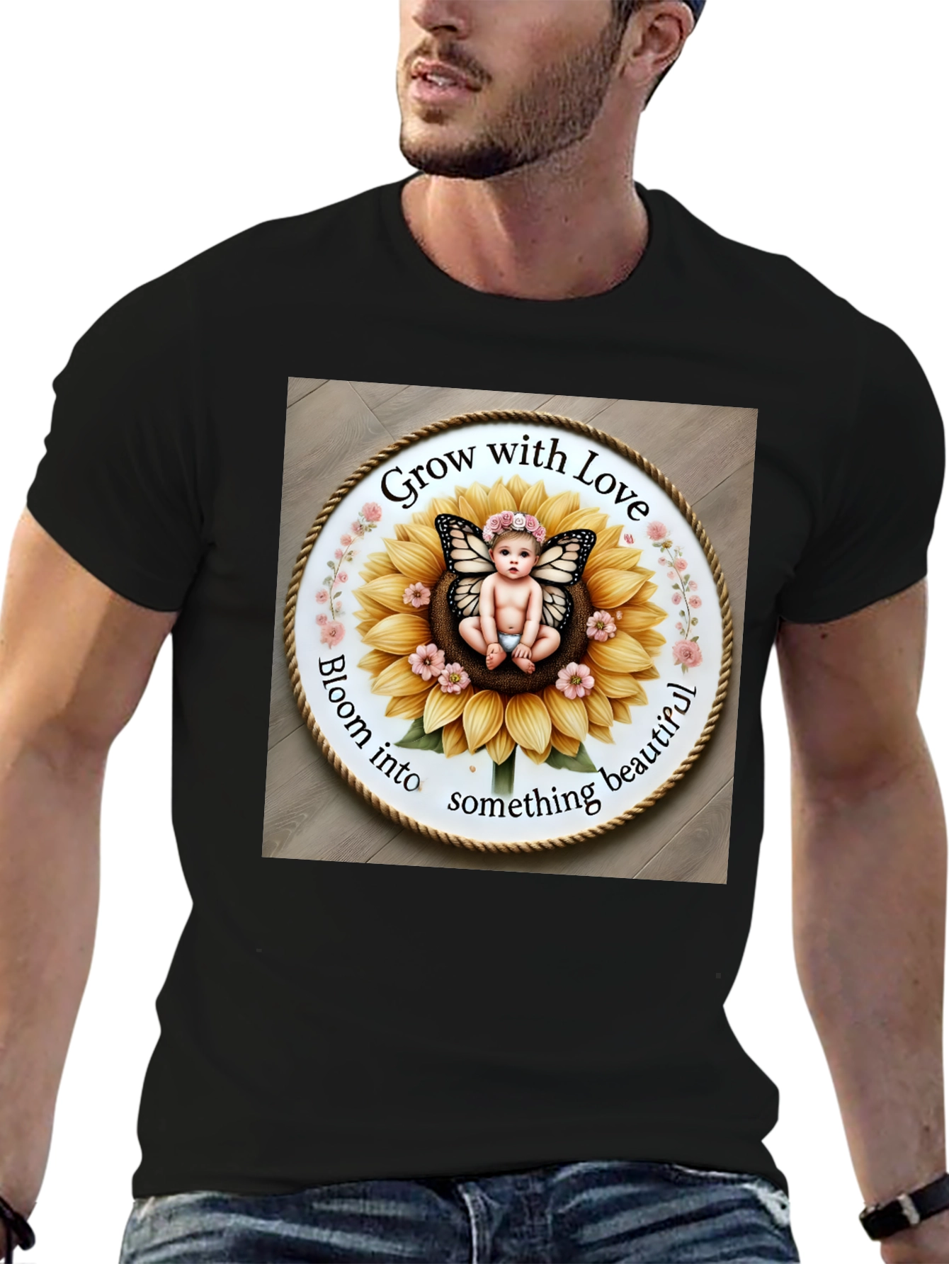 Black Grow with Love T-Shirt - Cute Butterfly Baby Sunflower Design view 6
