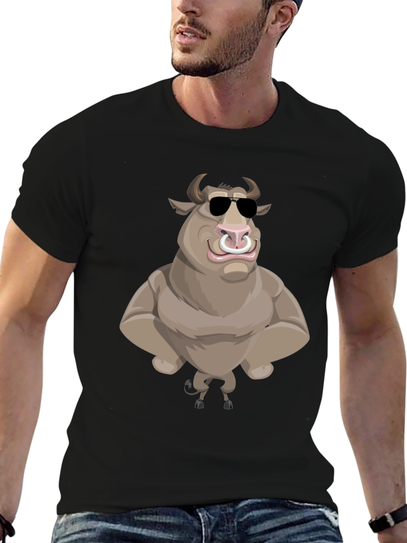 Black Cool Cartoon Bull Graphic Tee - Black view 6