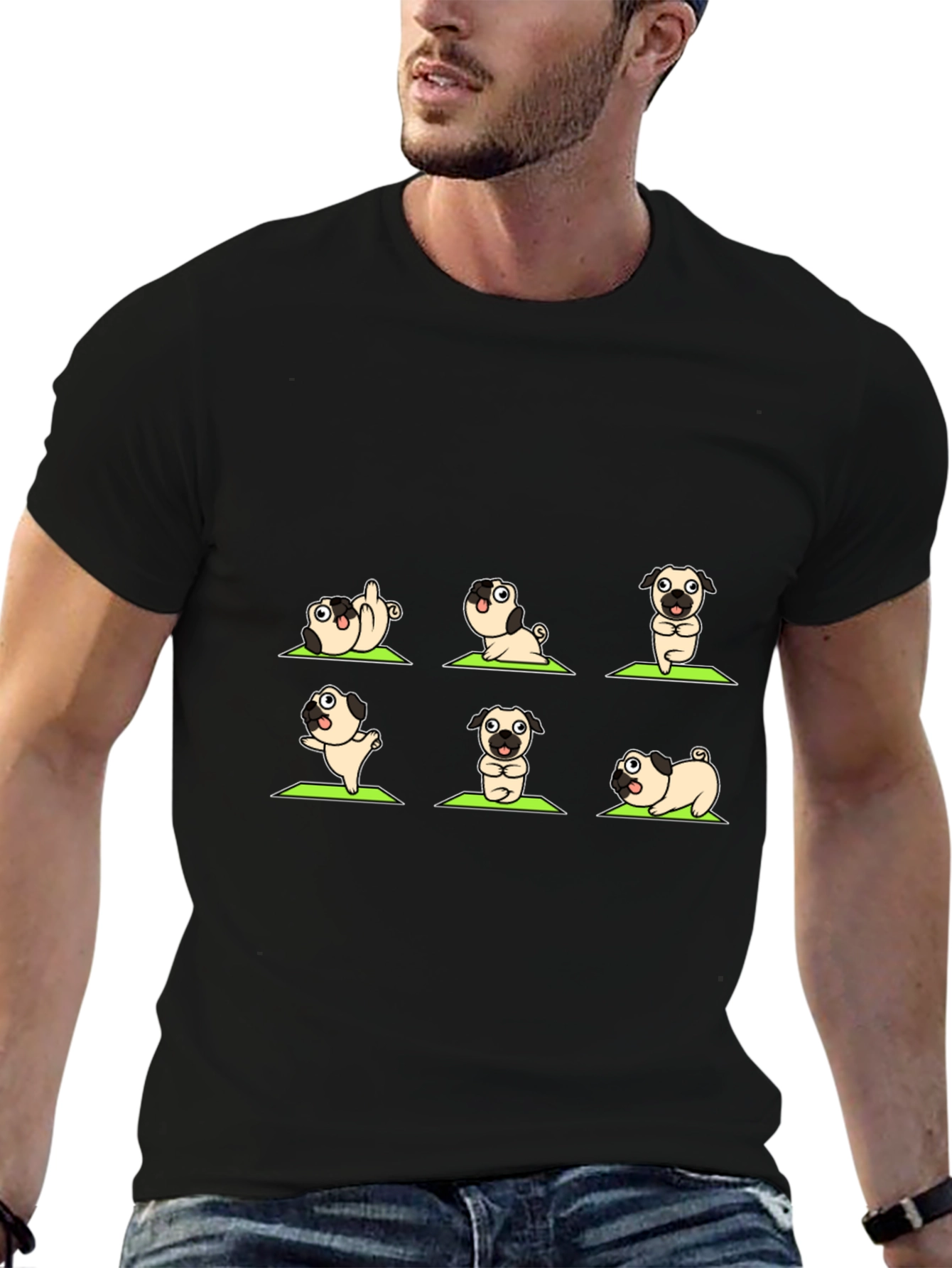 Black Yoga Pug Black Graphic T-Shirt view 6