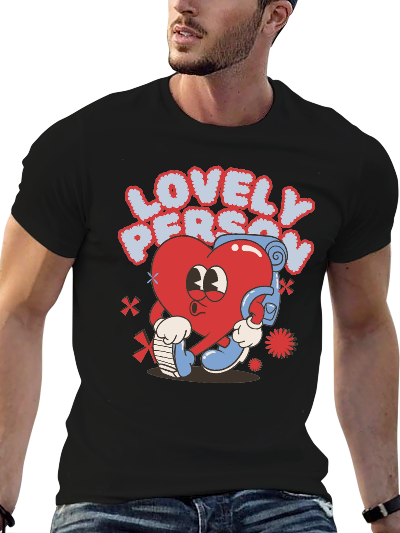 Black Lovely Person Heart Cartoon Black T-Shirt view 6