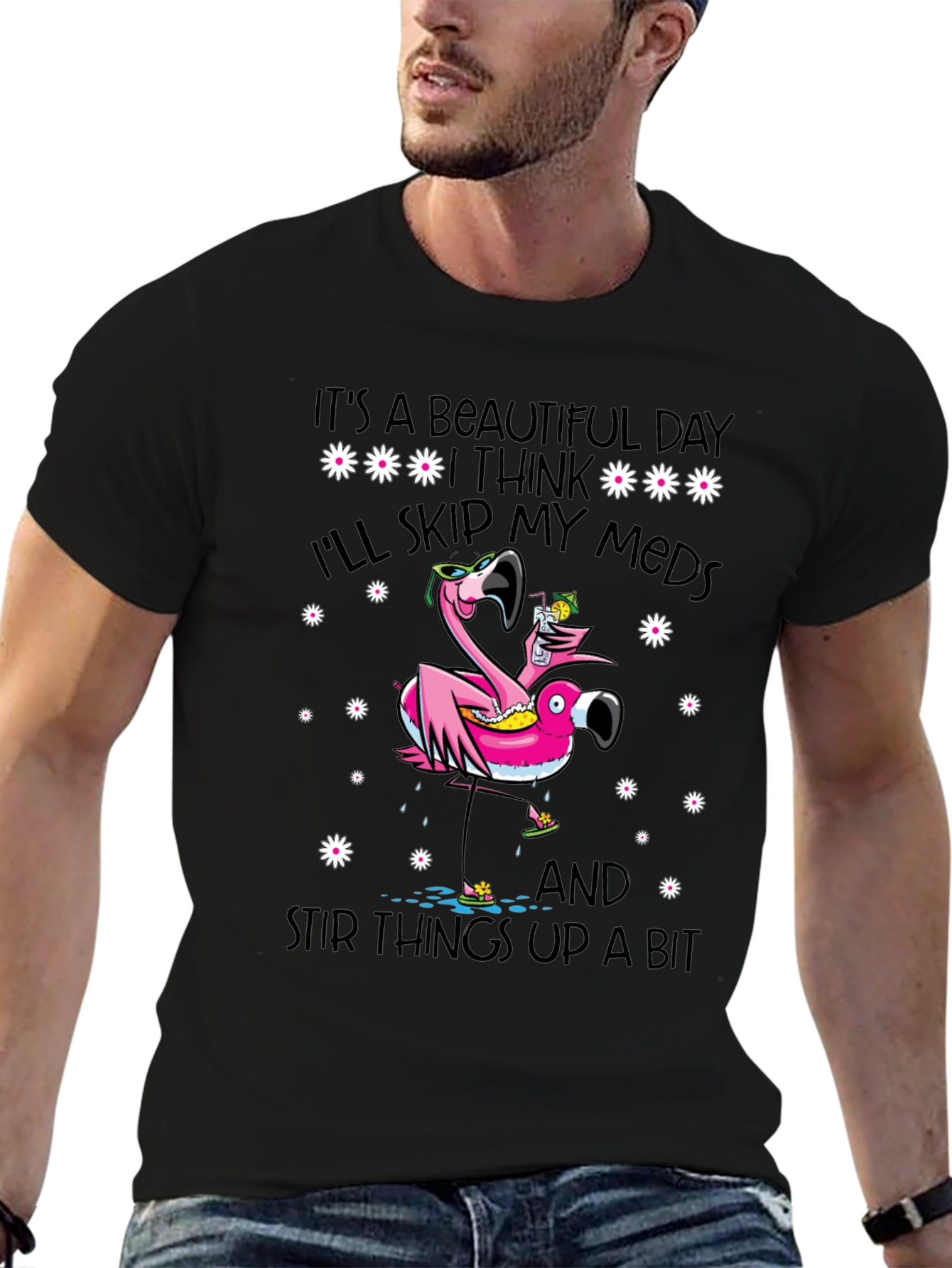 Black It's a Beautiful Day Funny Flamingo Graphic Tee view 6