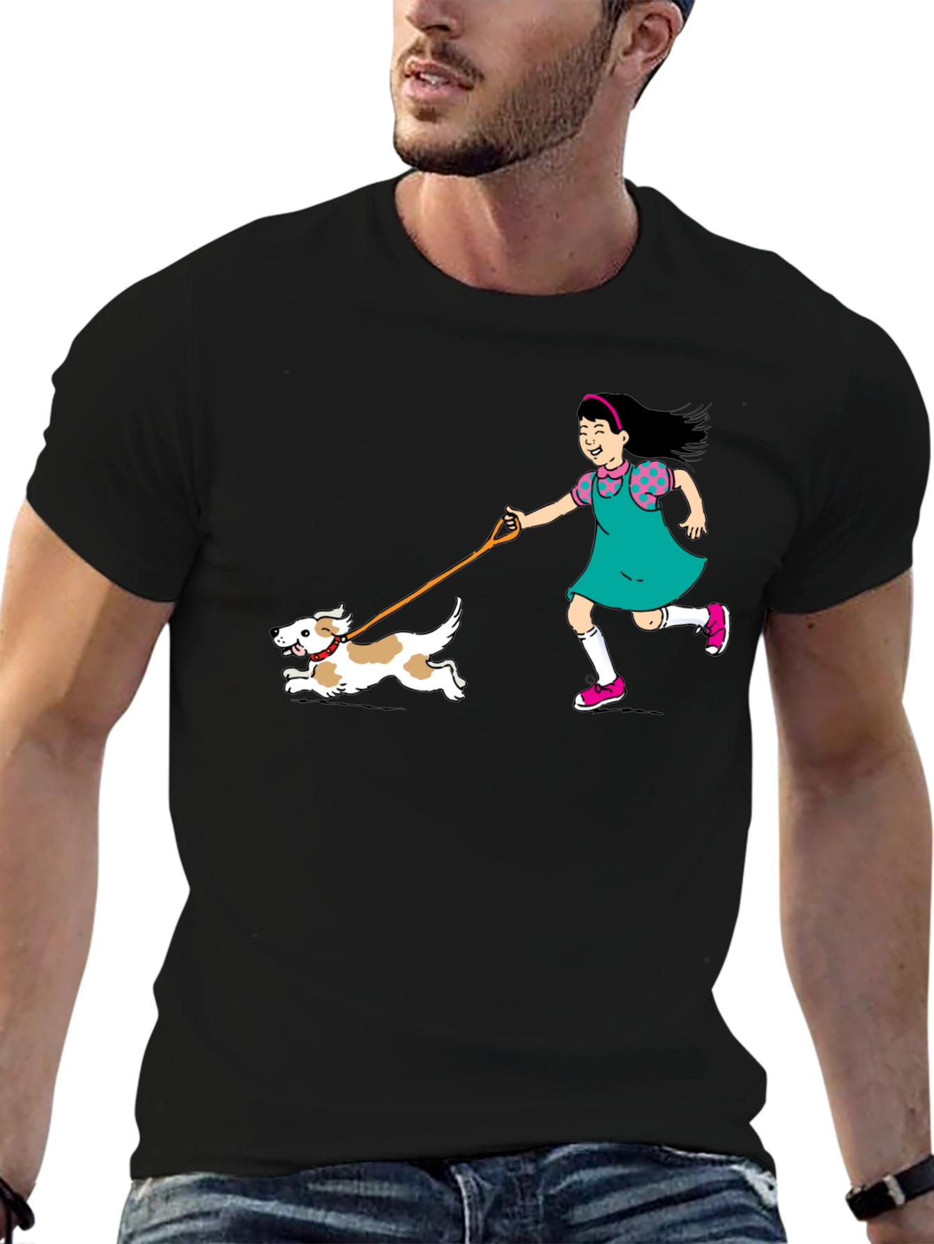 Black Girl Walking Dog Graphic Tee - Unisex Black T-Shirt view 6
