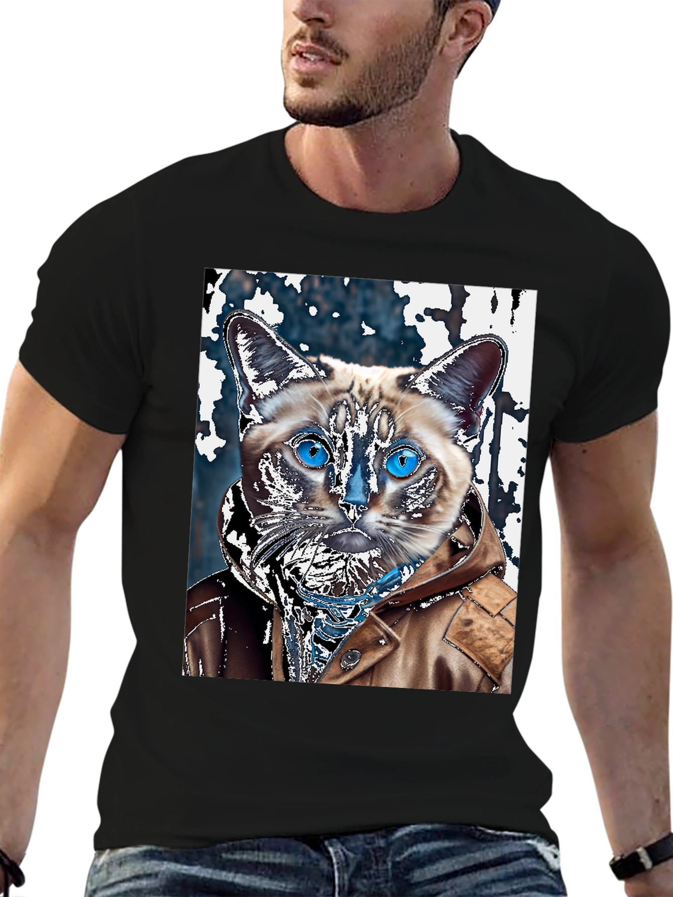 Black Cat in Jacket Graphic T-Shirt view 6