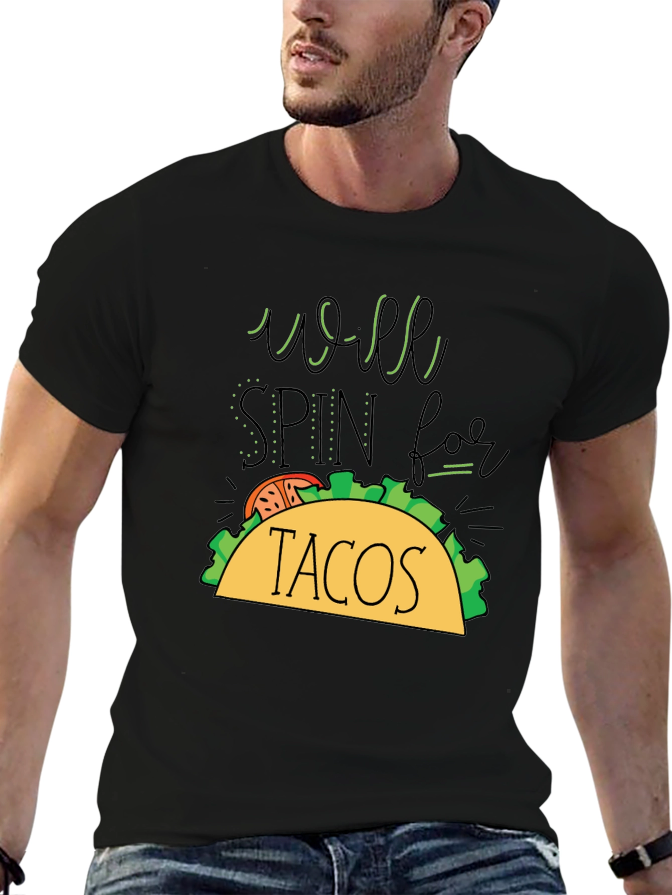 Black Taco Lover's T-Shirt - Will Spin For Tacos Graphic Tee view 6