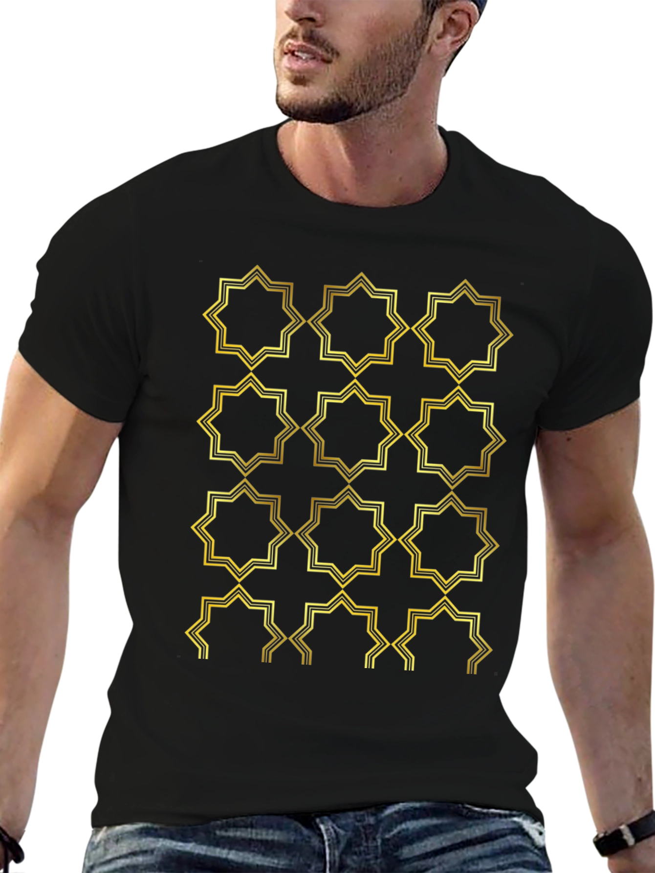 Black Geometric Gold Pattern Black T-Shirt view 6