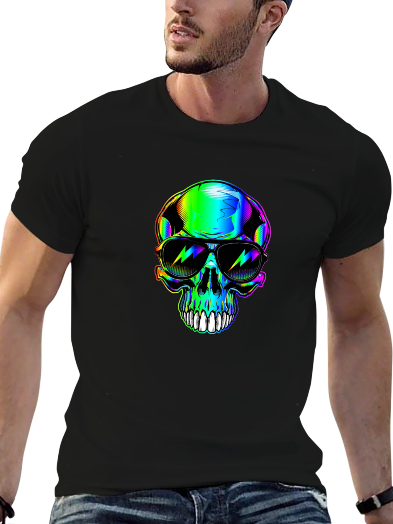 Black Rainbow Skull Sunglasses Graphic Black T-Shirt view 6