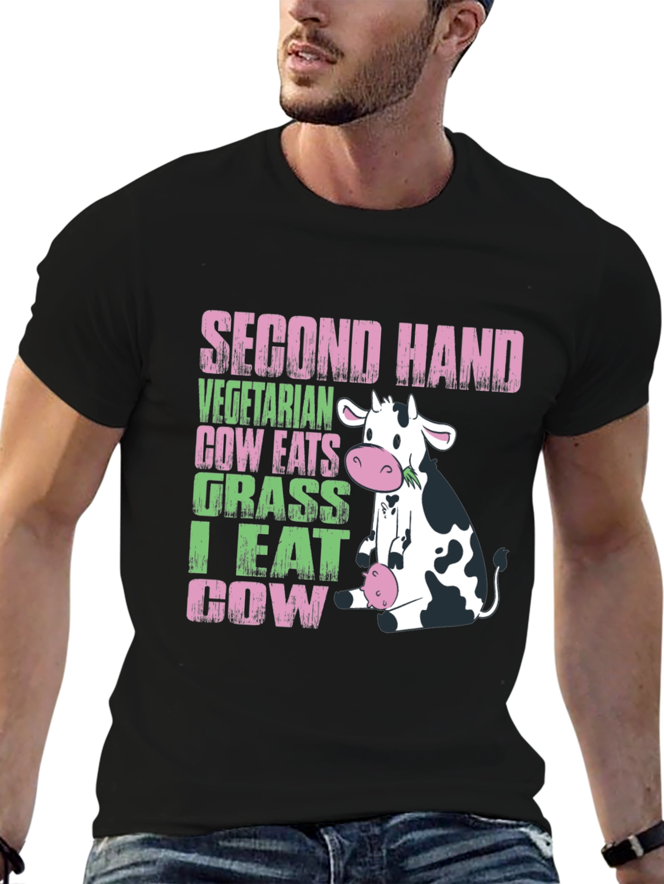 Black Second Hand Cow T-Shirt - Vegetarian & Meat Eater Humor view 6