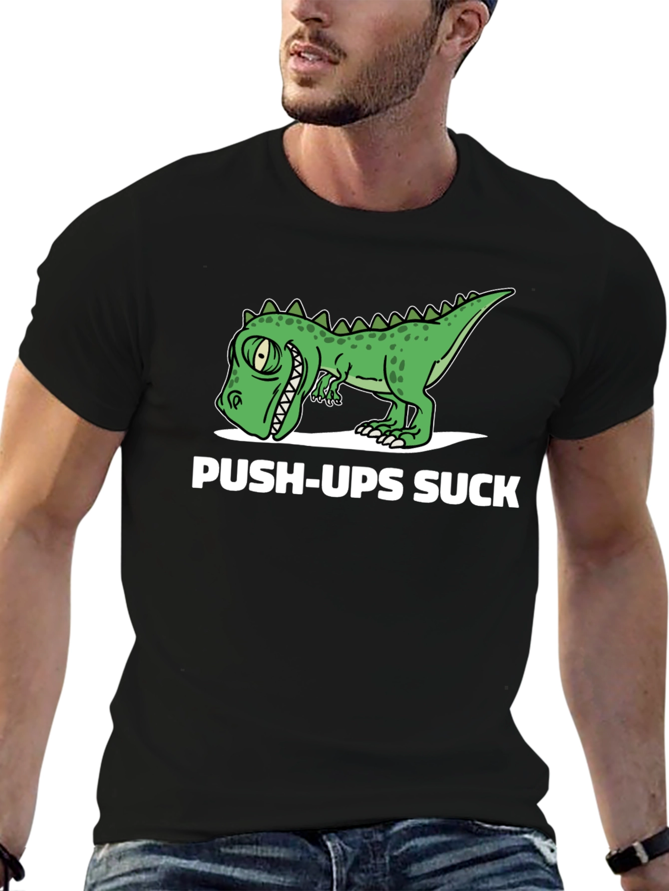 Black Funny Dinosaur Push-Ups Suck Graphic T-Shirt view 6