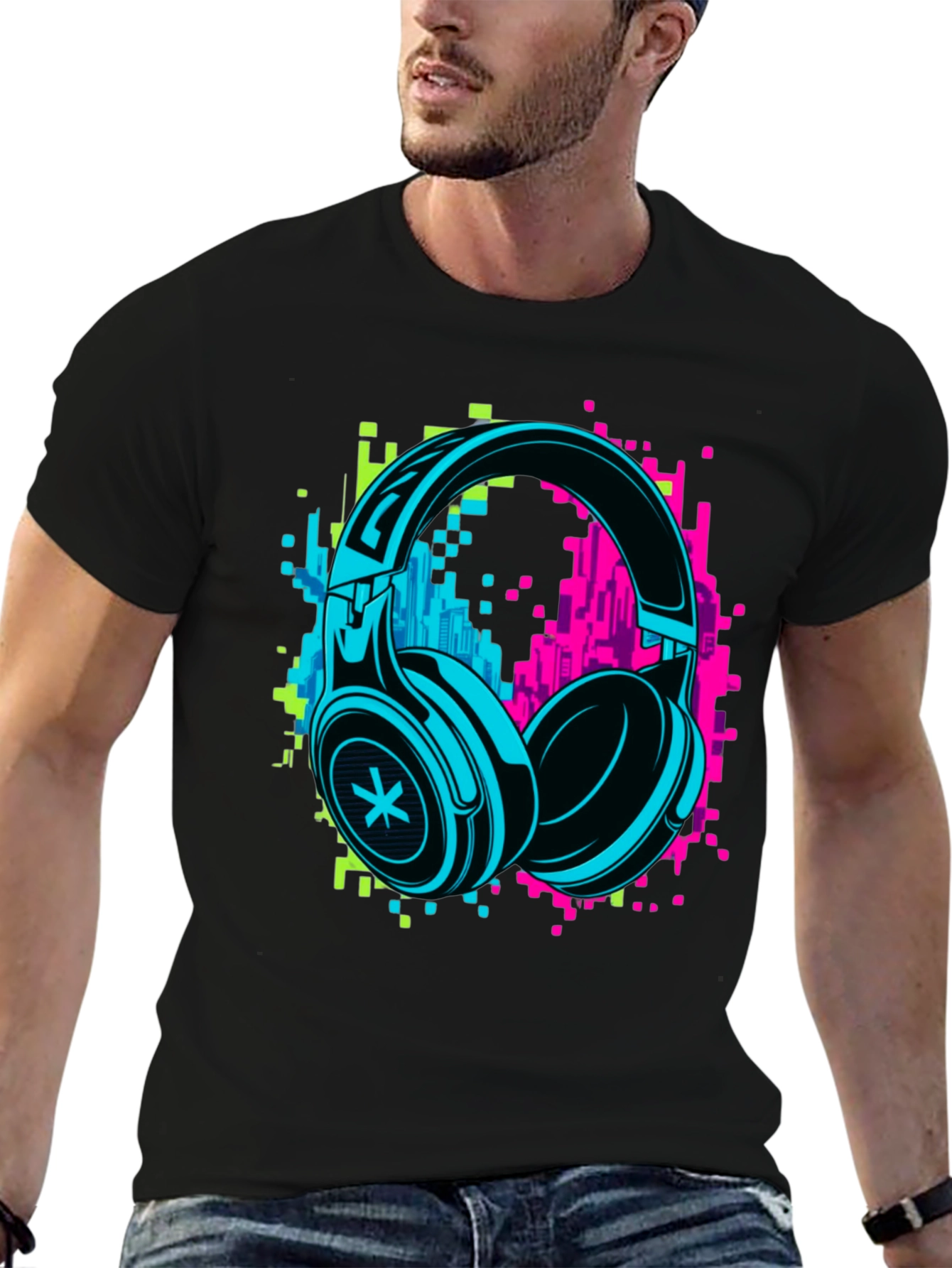 Black Neon Headphones Graphic Black T-Shirt view 6