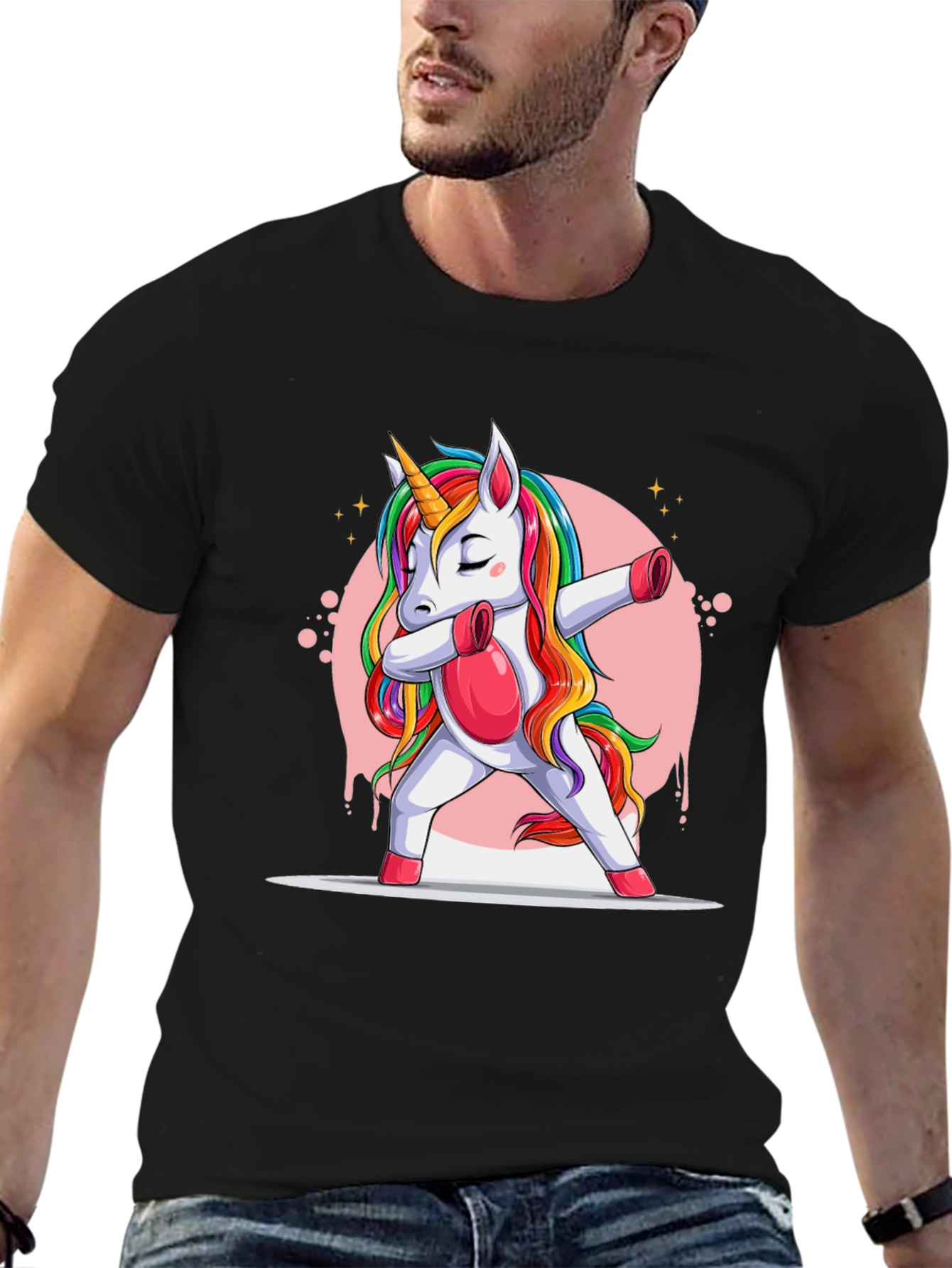 Black Dabbing Unicorn T-Shirt - Rainbow Mane Graphic Tee view 6