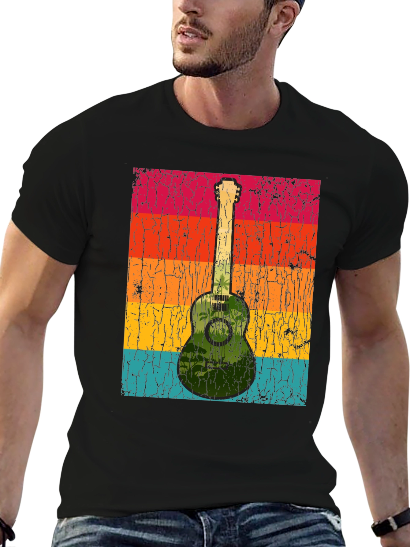 Black Retro Guitar T-Shirt - Tropical Vibes view 6