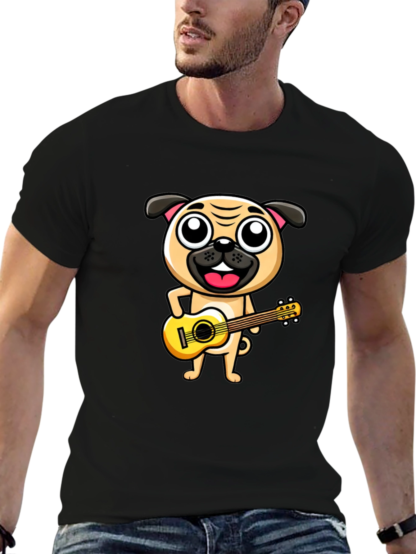 Black Pug Playing Guitar T-Shirt - Black Cotton Tee view 6