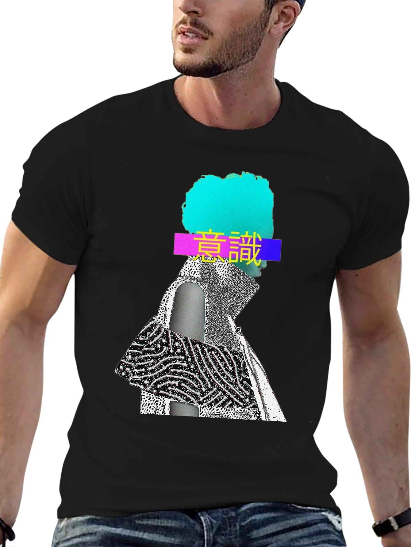 Black Abstract Graphic Print Crew Neck T-Shirt view 6