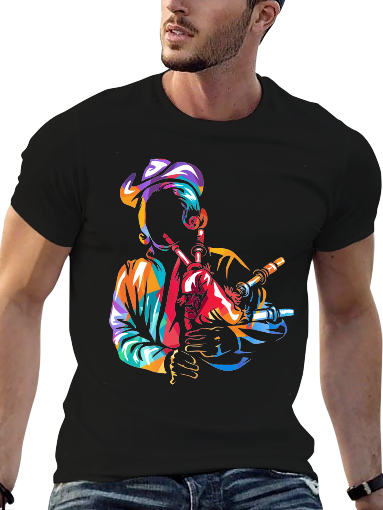 Black Bagpiper Graphic Tee - Black Cotton T-Shirt view 6