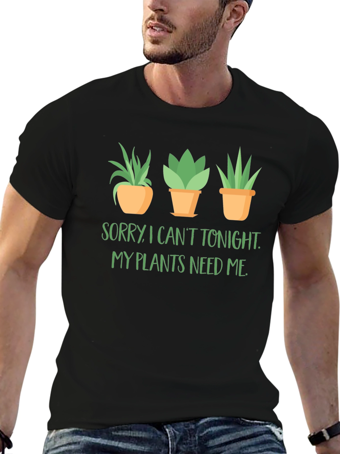 Black Plant Lover T-Shirt: Sorry, My Plants Need Me Tee view 6
