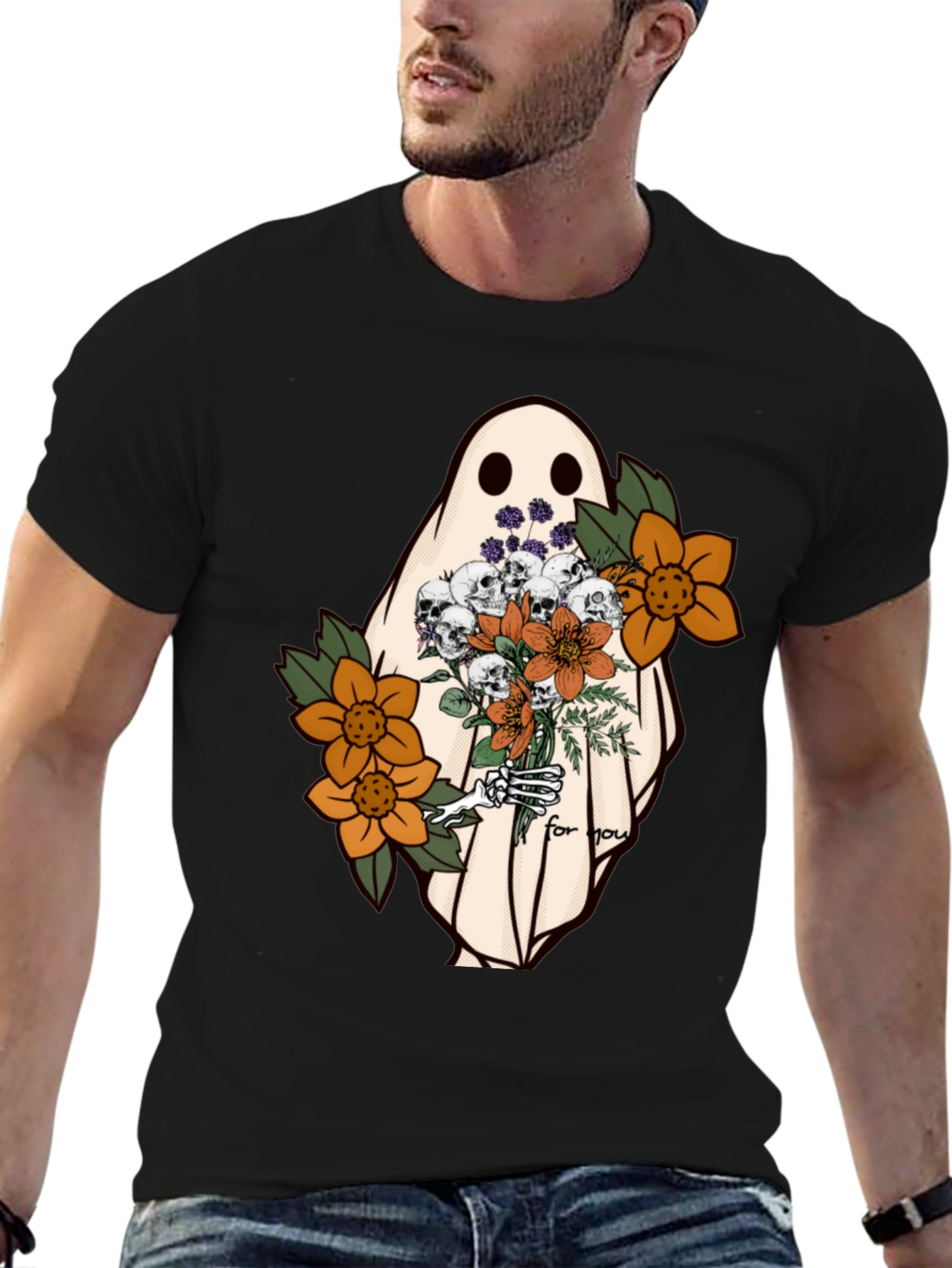 Black Ghost with Flowers Graphic Tee - Unisex Soft Cotton view 6