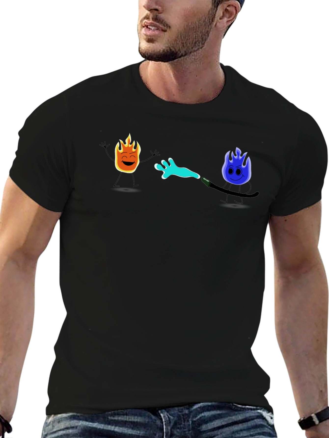 Black Cool Cartoon Fire & Water T-Shirt view 6