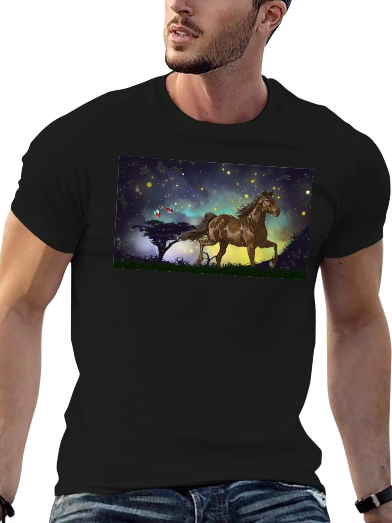 Black Horse Graphic Tee - Black Cotton Blend T-Shirt view 6
