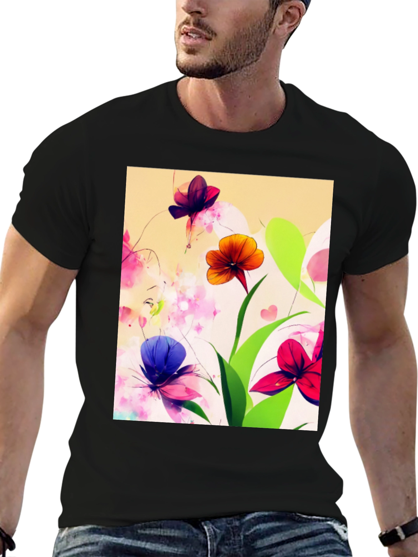 Black Floral Print Black T-Shirt view 6