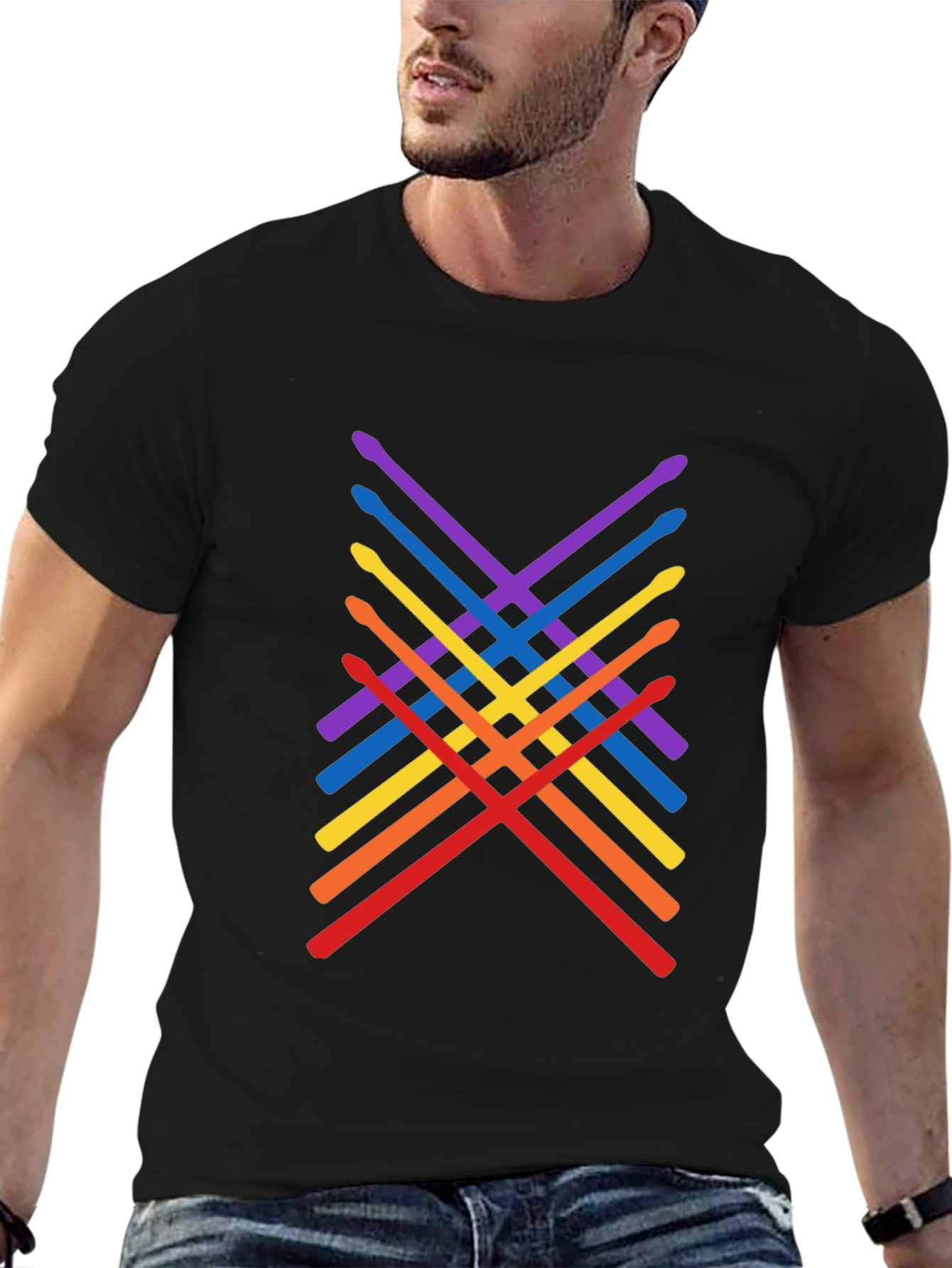 Black Rainbow Drumsticks Graphic Tee - Music Lover Shirt view 6