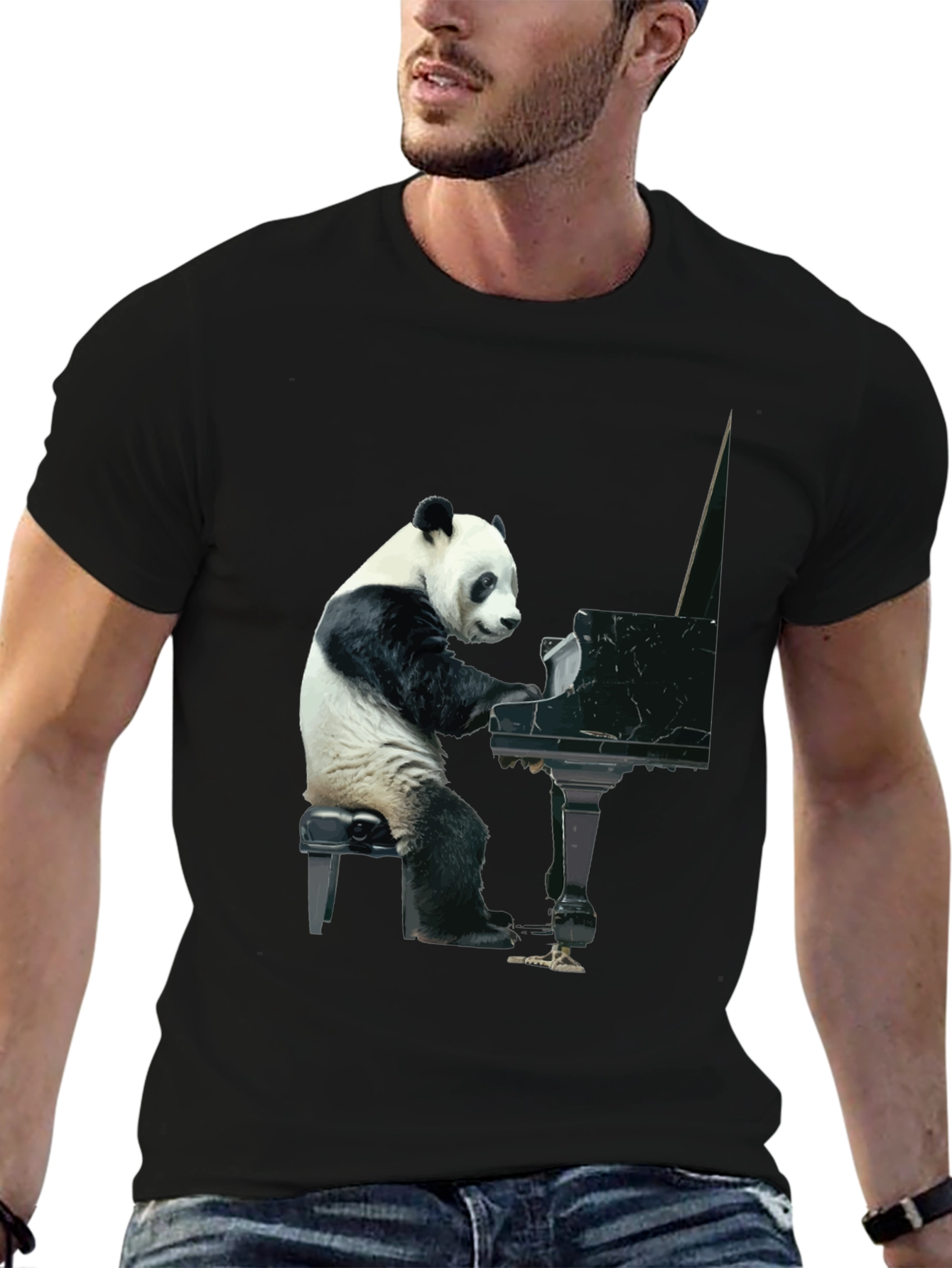 Black Panda Playing Piano Graphic Tee - Black Cotton Shirt view 6