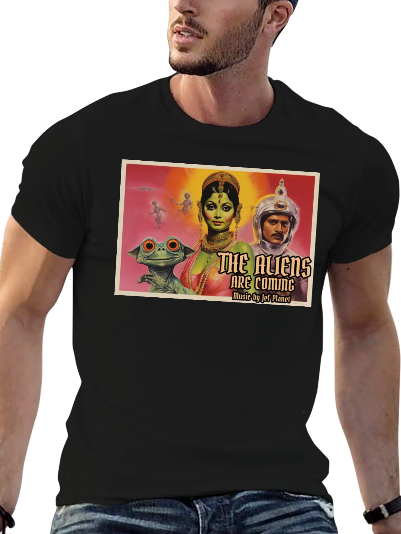 Black Retro Sci-Fi Alien Invasion Graphic T-Shirt view 6