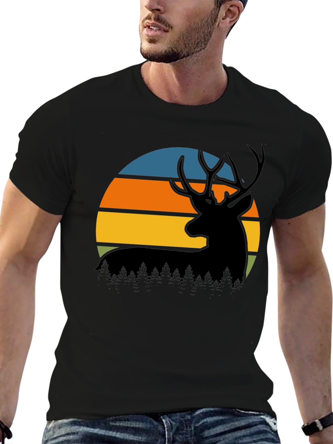 Black Retro Deer Sunset Graphic T-Shirt view 6